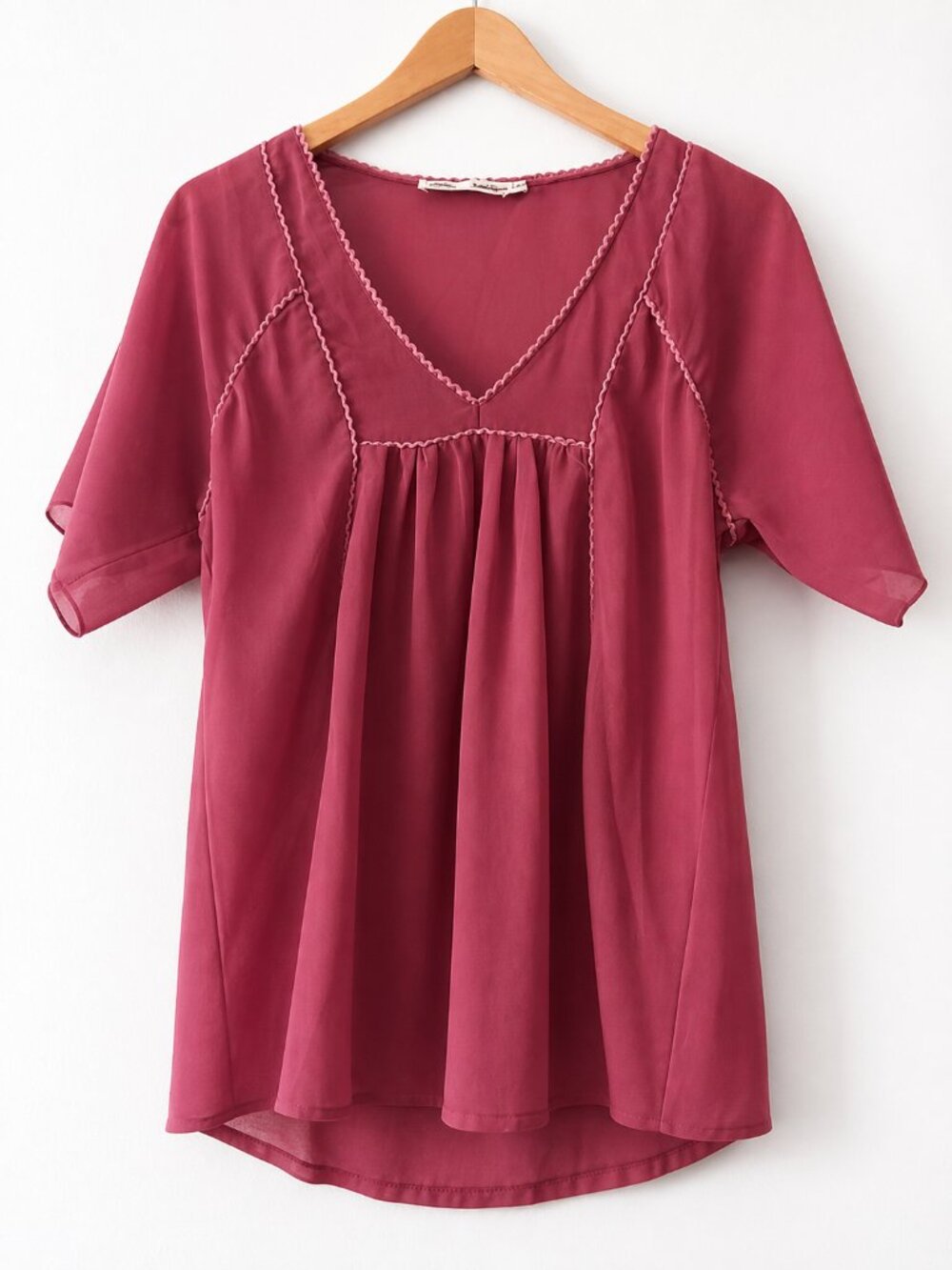 Solitaire Rose Pink Feminine Sheer Chiffon V Neck Flowy Blouse Short Sleeve M